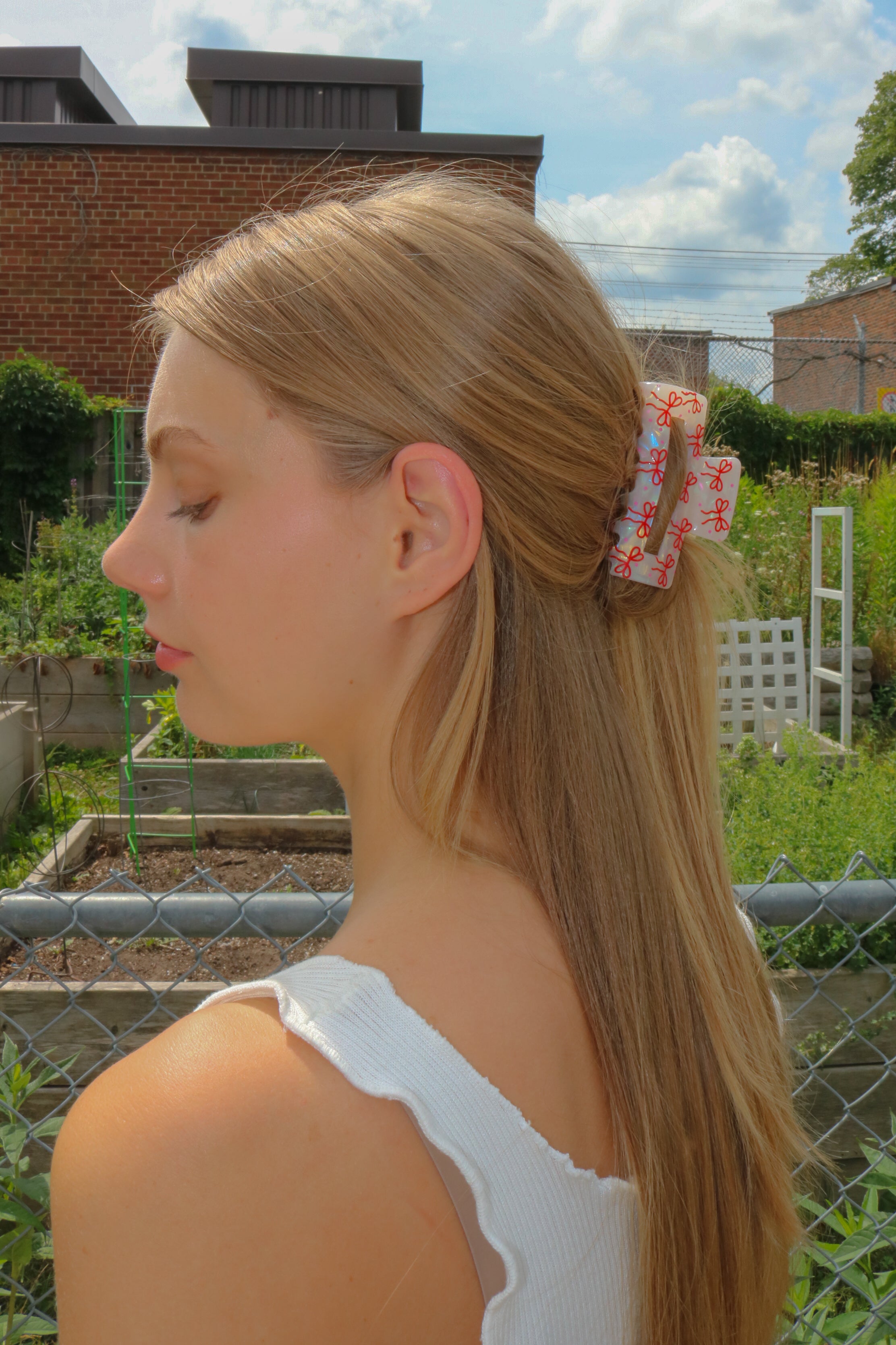 Chrome and Red Bow Claw Clip