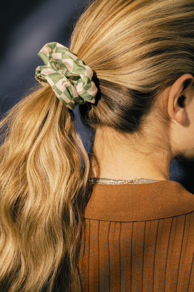 Monaco Satin Checkered Scrunchie in Olive/Cream