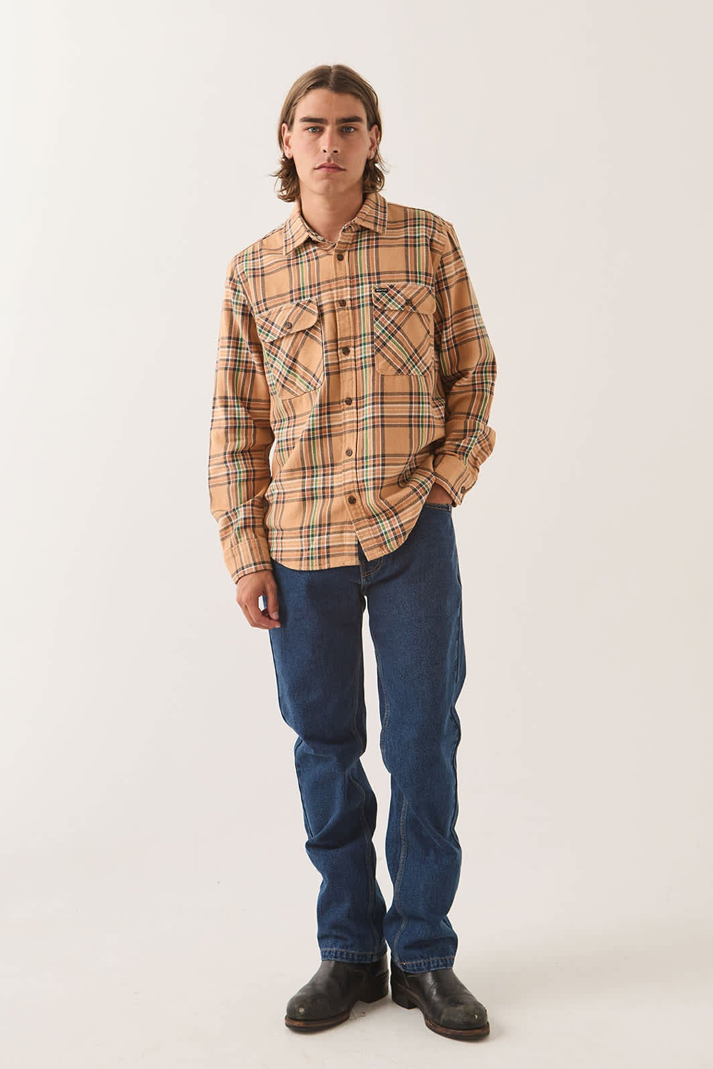 Men's Brixton Bowery Flannel in Khaki & Multi Colour