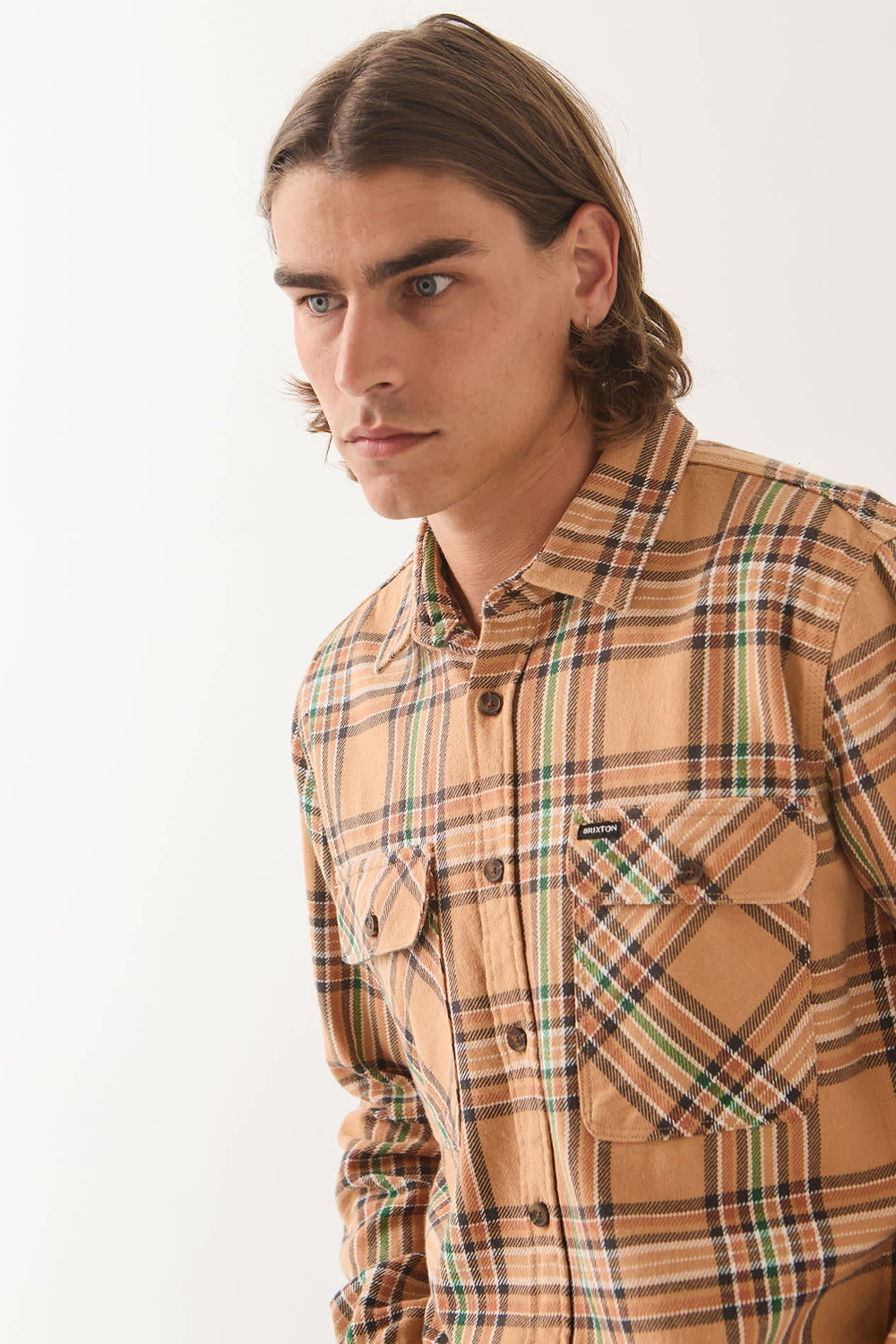 Men's Brixton Bowery Flannel in Khaki & Multi Colour