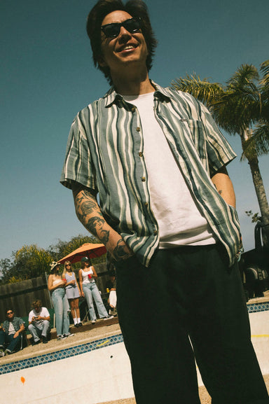 Men's Brixton Cru Slub S/S Woven in Basalt Blue & Painterly Stripe
