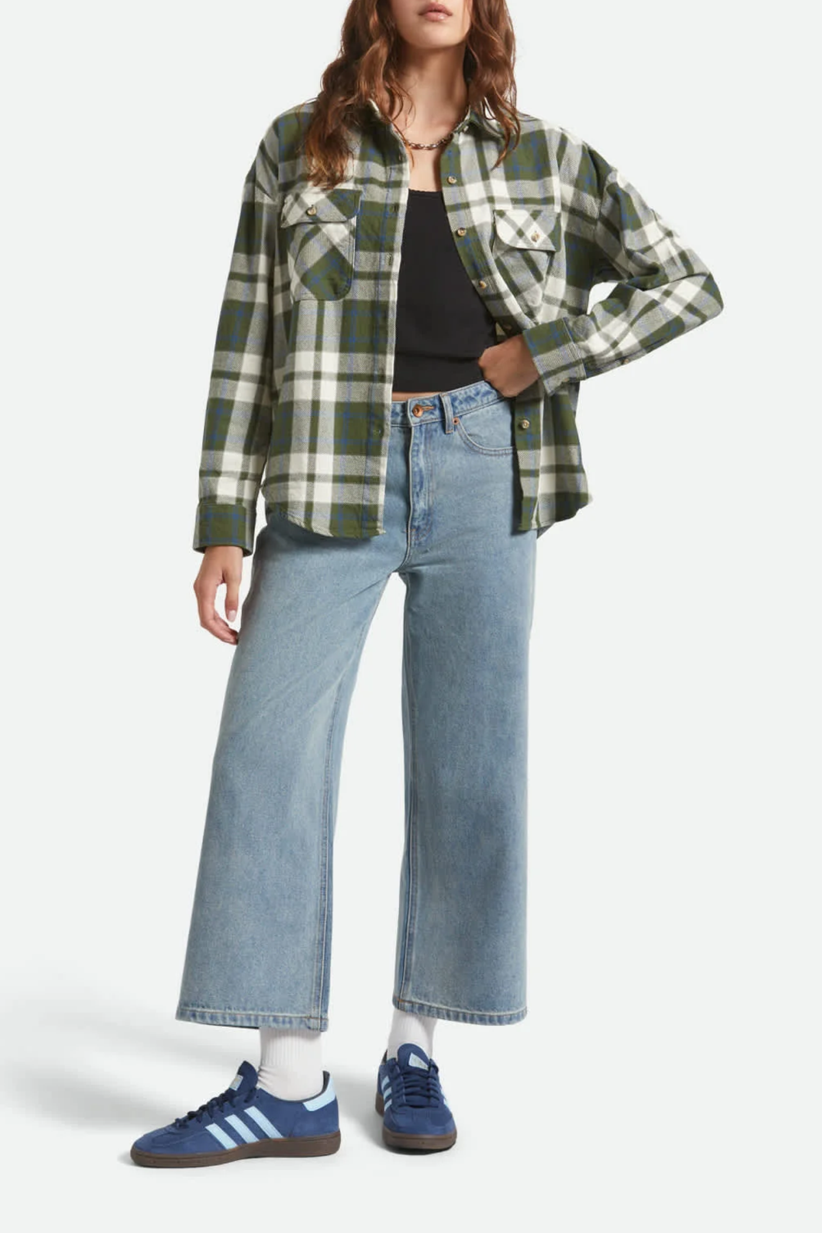 Women's Brixton Bowery Vintage LS Overshirt in Green & Blue