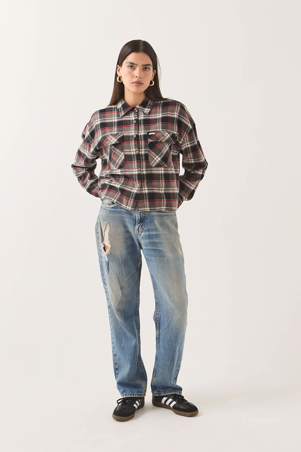 Women's Brixton Bowery Crop Overshirt in Washed Black Plaid