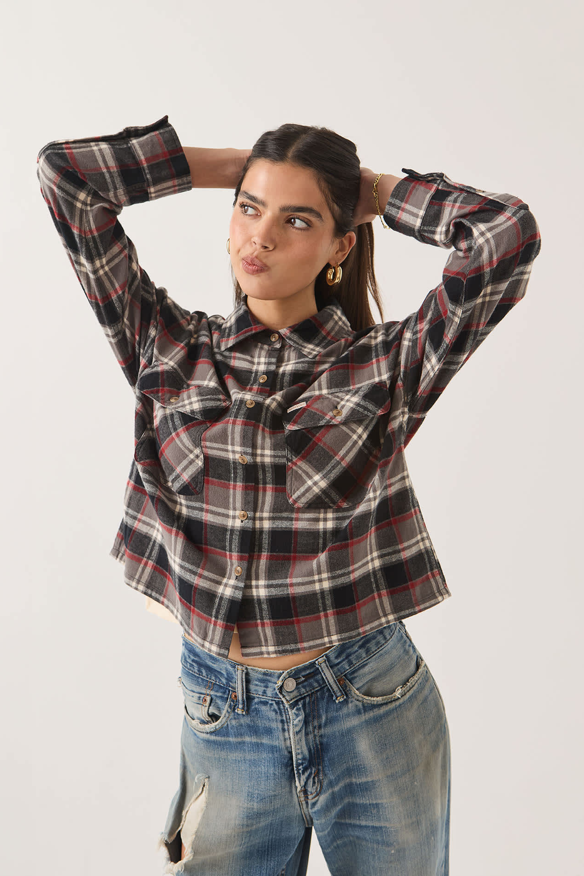 Women's Brixton Bowery Crop Overshirt in Washed Black Plaid