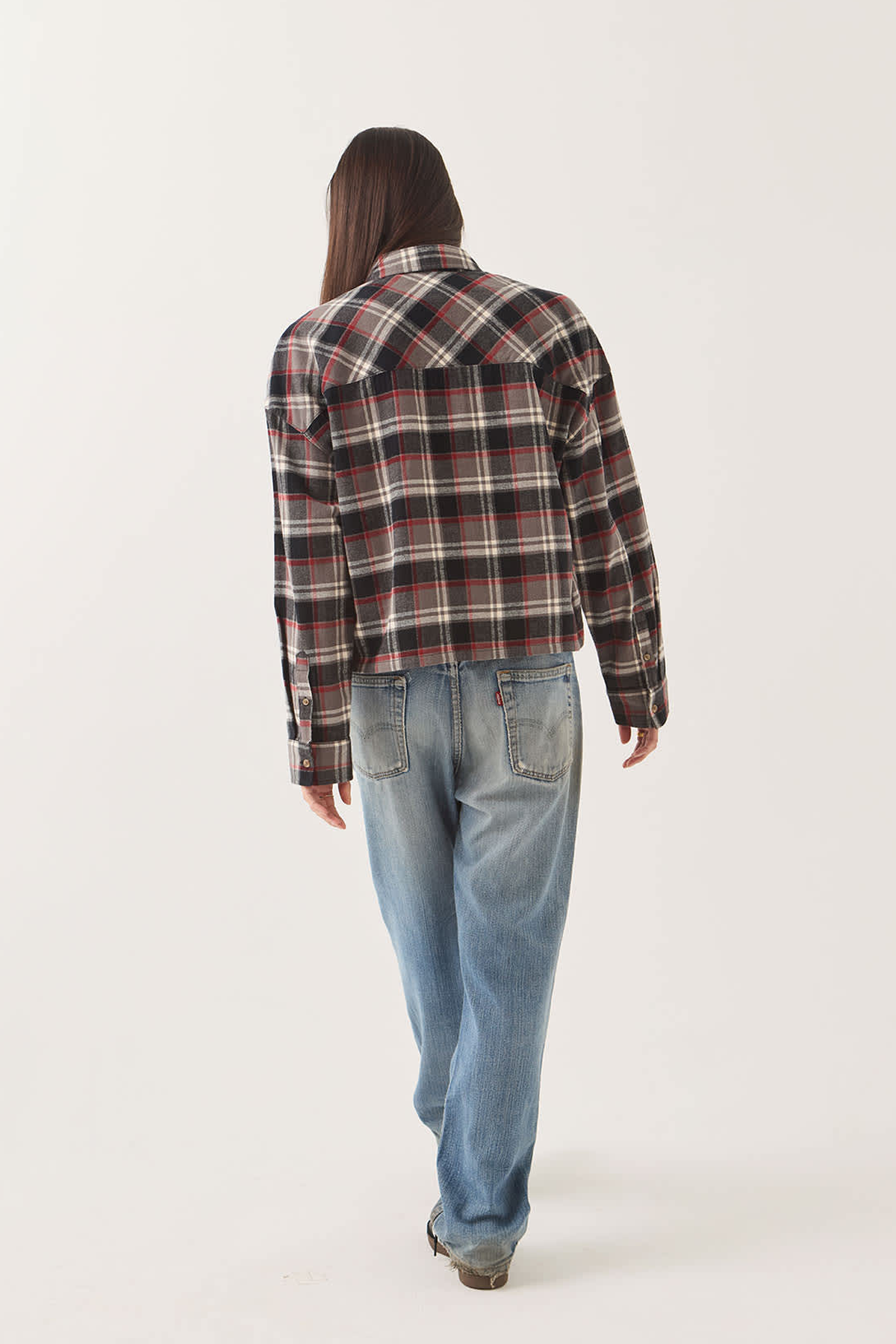 Women's Brixton Bowery Crop Overshirt in Washed Black Plaid