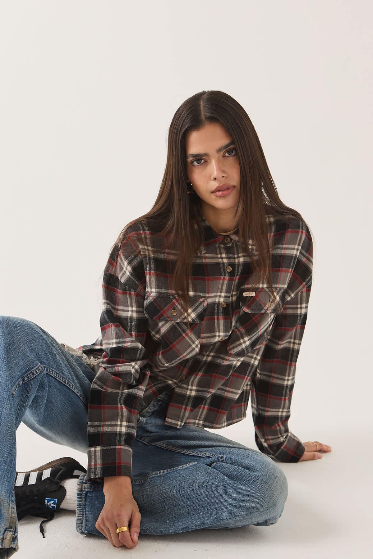 Women's Brixton Bowery Crop Overshirt in Washed Black Plaid