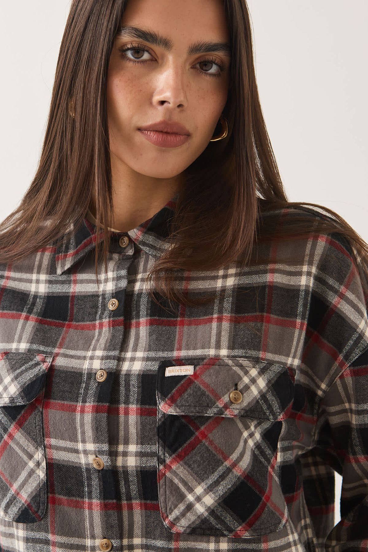 Women's Brixton Bowery Crop Overshirt in Washed Black Plaid