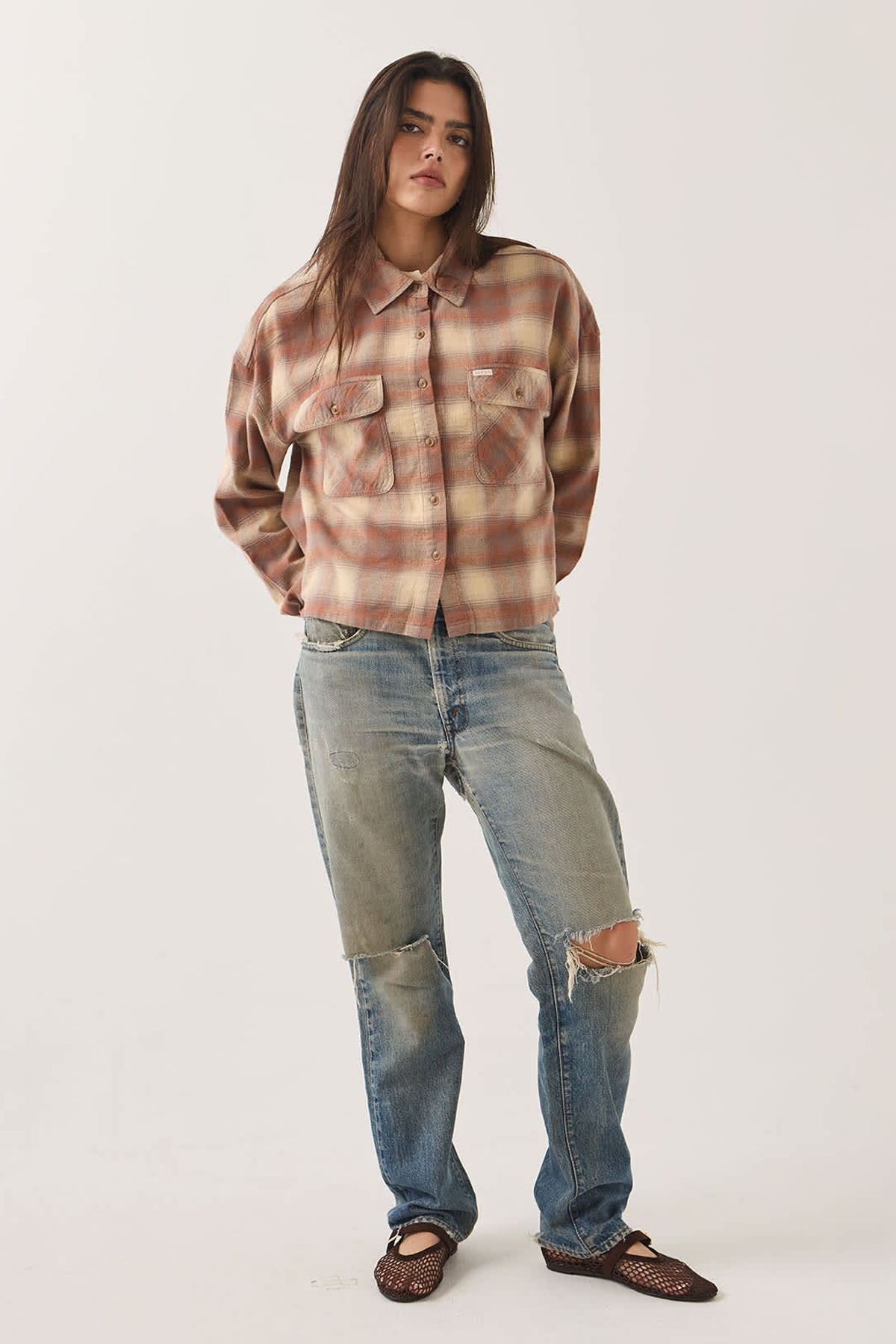 Women's Brixton Bowery Crop Overshirt in Soft Tan Window Plaid