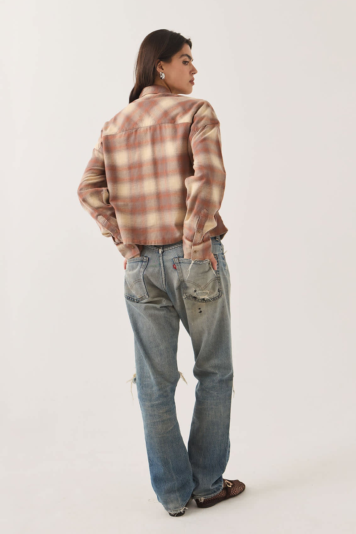 Women's Brixton Bowery Crop Overshirt in Soft Tan Window Plaid