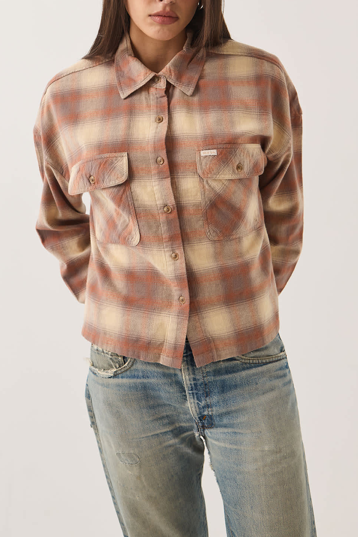Women's Brixton Bowery Crop Overshirt in Soft Tan Window Plaid