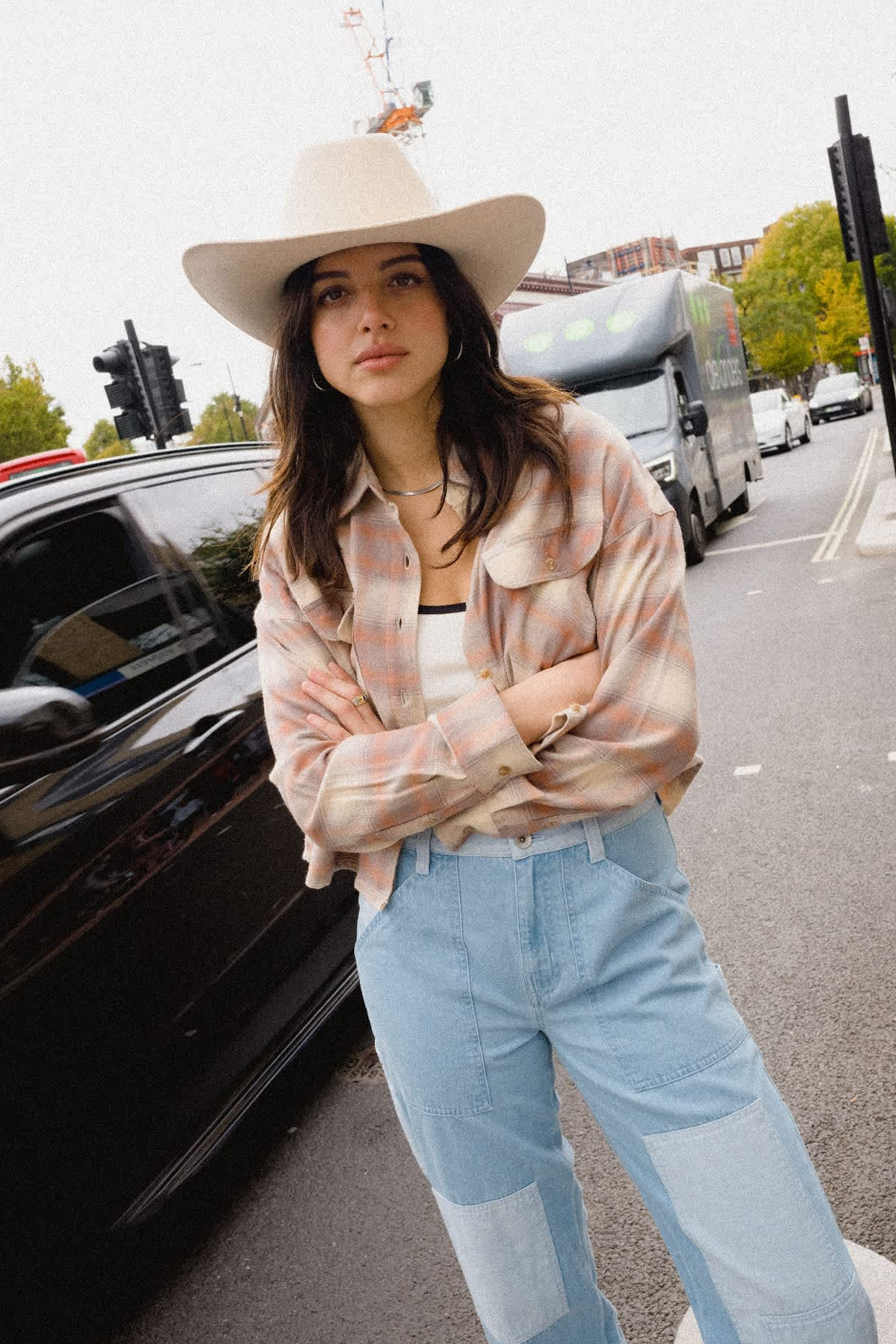 Women's Brixton Bowery Crop Overshirt in Soft Tan Window Plaid