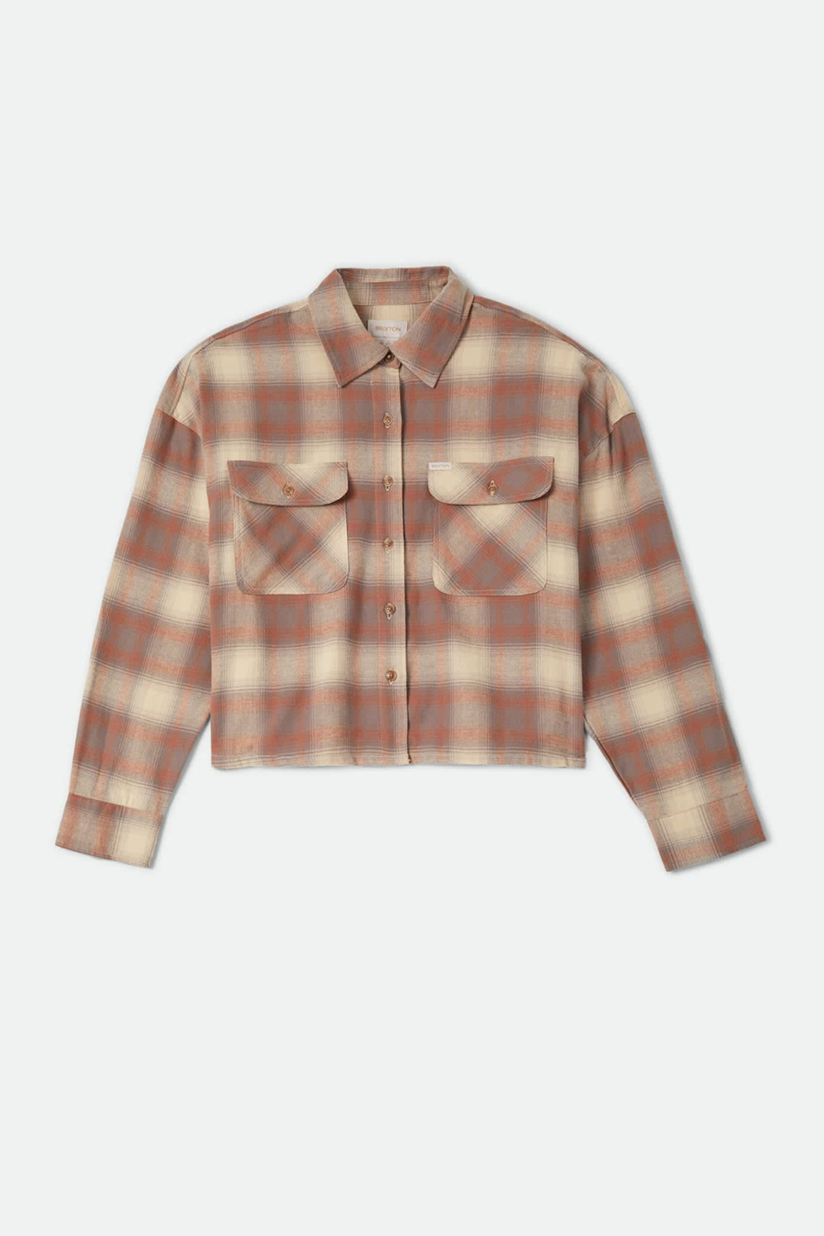 Women's Brixton Bowery Crop Overshirt in Soft Tan Window Plaid