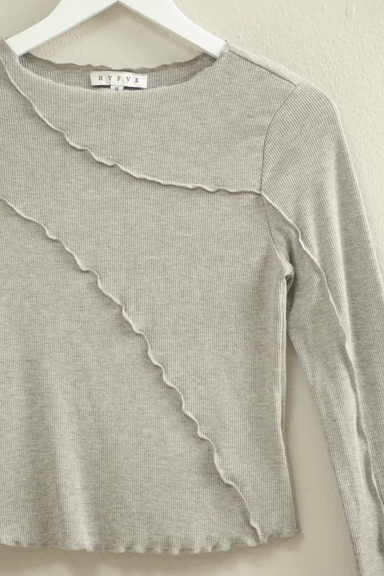Women's Asymmetrical Raw Edge LS Top in Heather Gray
