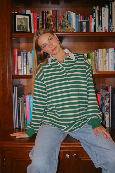 Women's Classic Stripe Rugby in Cream/Green