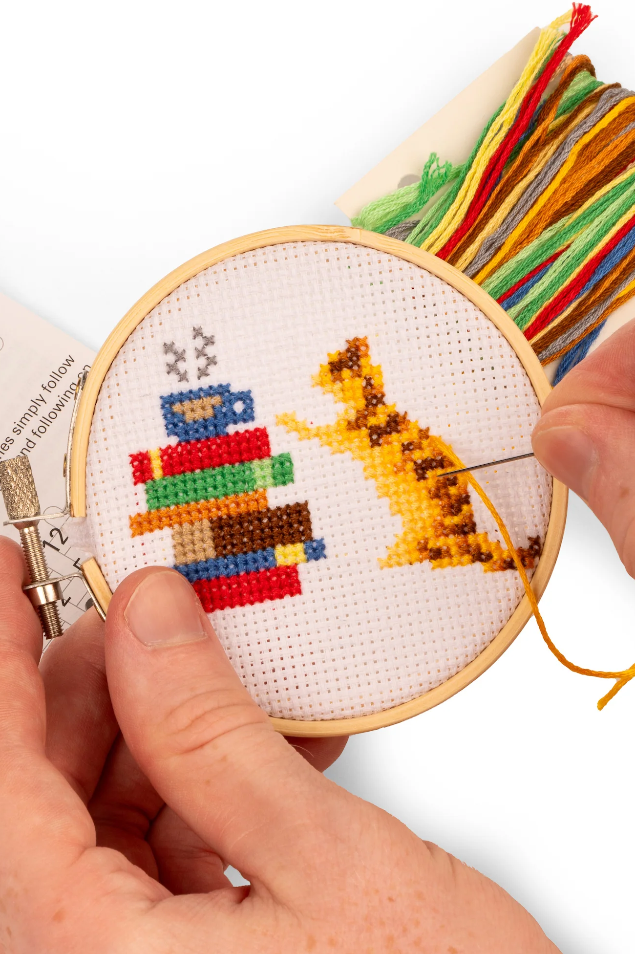 Kikkerland Mini Cross Stitch Cat With Books Embroidery Kit