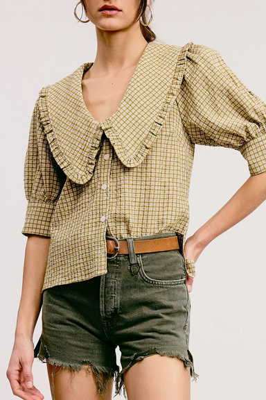 Women's Gingham Ruffled Bib Collar Blouse