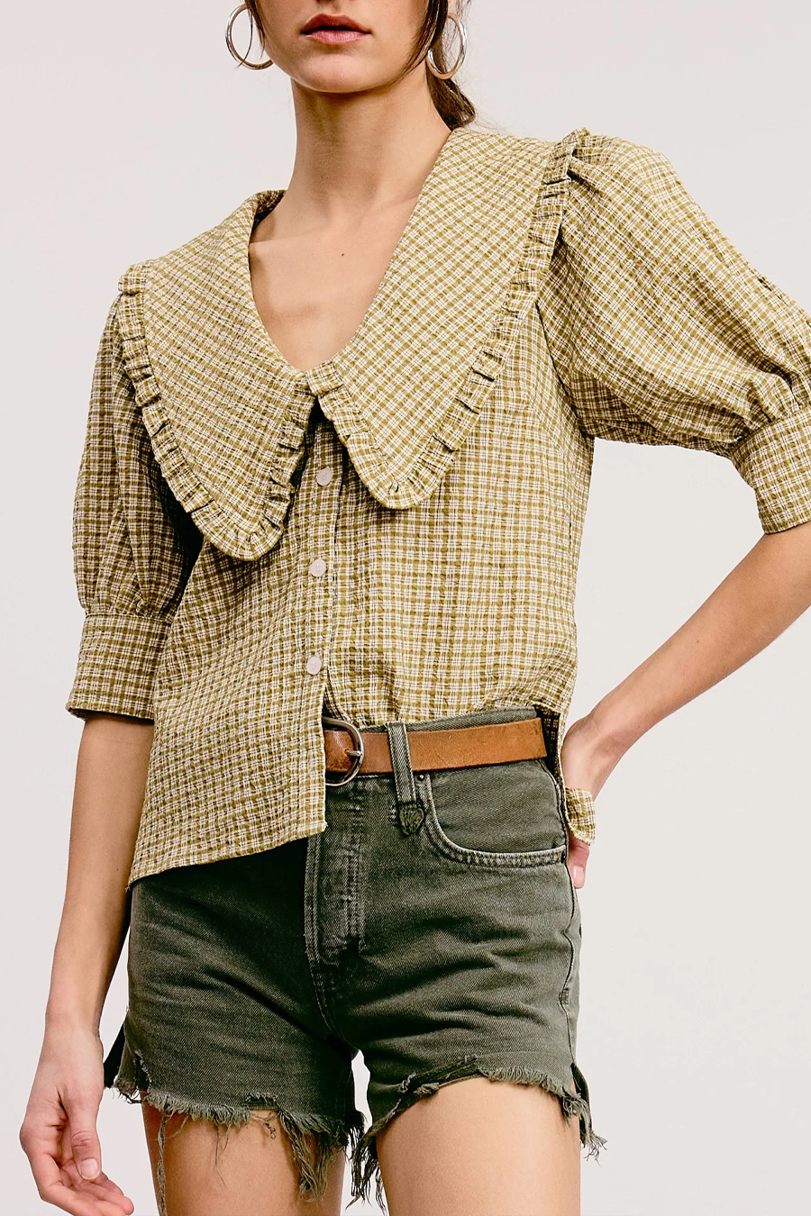 Women's Gingham Ruffled Bib Collar Blouse
