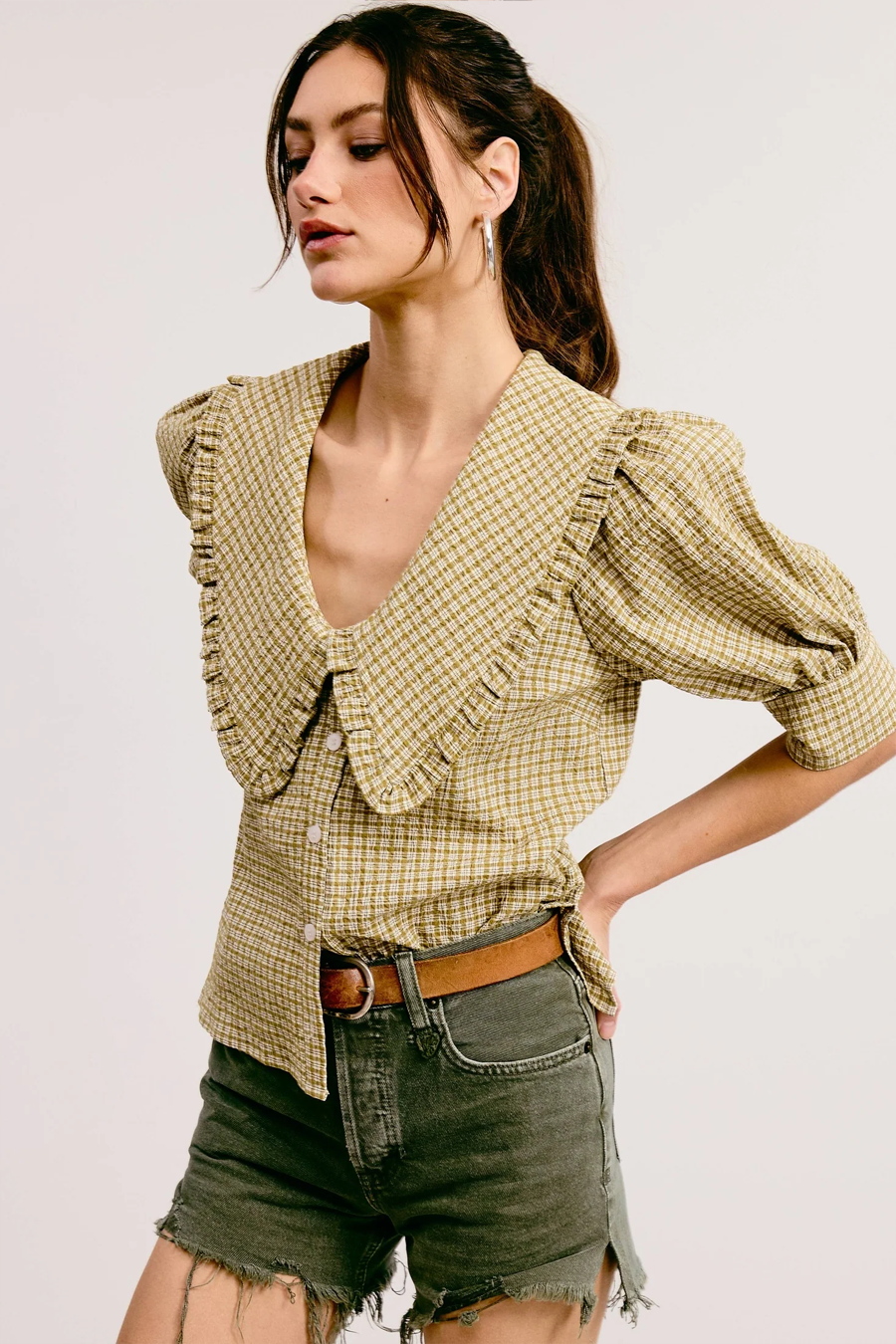 Women's Gingham Ruffled Bib Collar Blouse