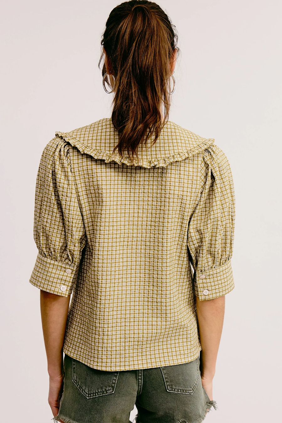 Women's Gingham Ruffled Bib Collar Blouse