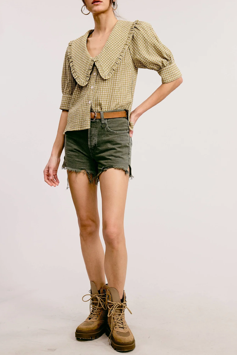 Women's Gingham Ruffled Bib Collar Blouse