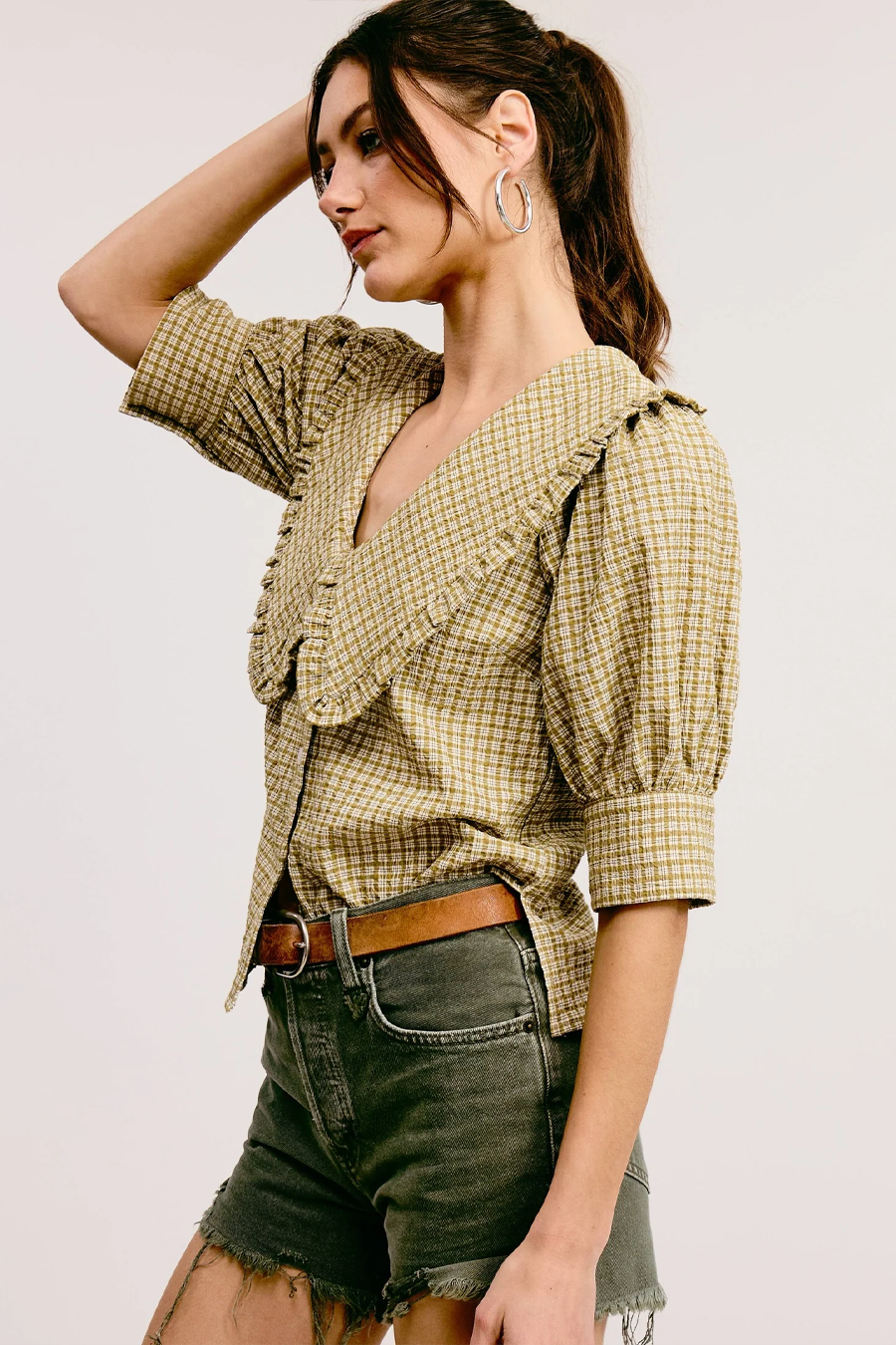 Women's Gingham Ruffled Bib Collar Blouse
