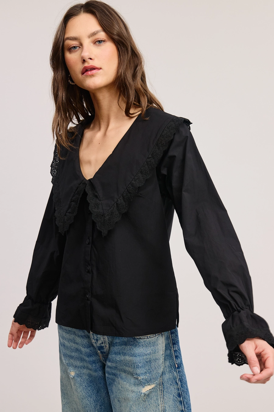Women's Oversize Bib Collar Blouse in Black