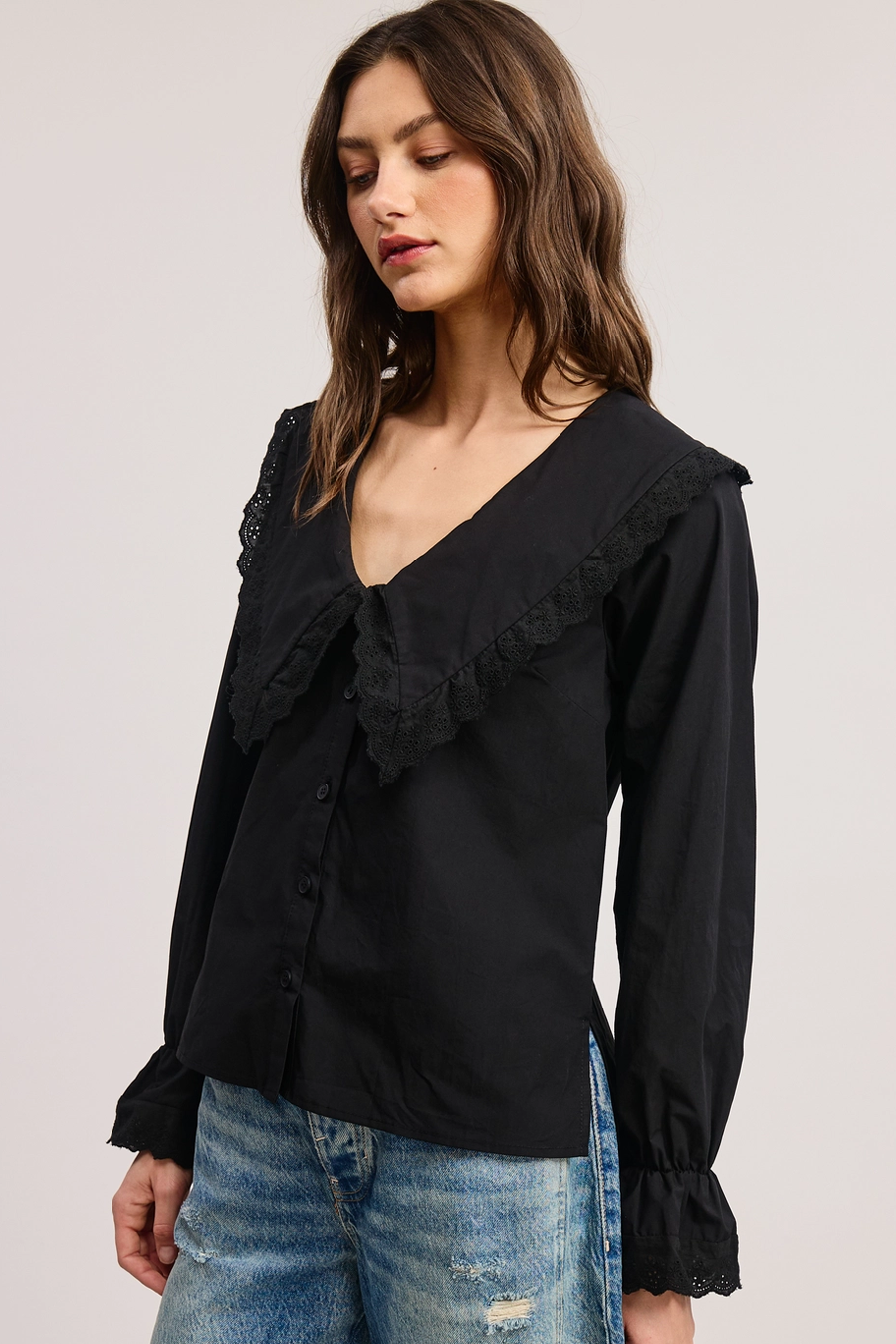 Women's Oversize Bib Collar Blouse in Black