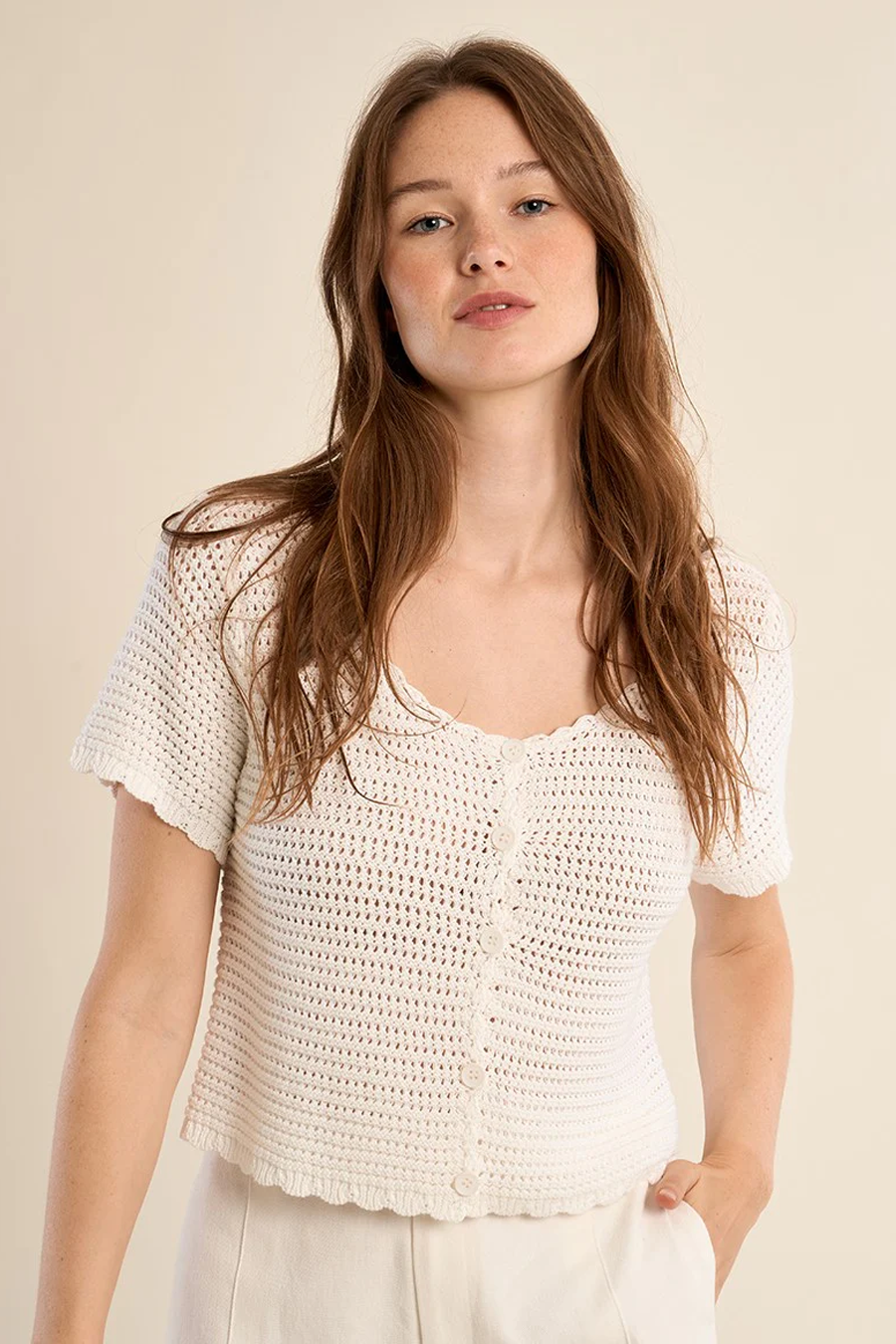 Women's Molly Bracken Wren SS Knit Cardigan in Ecru