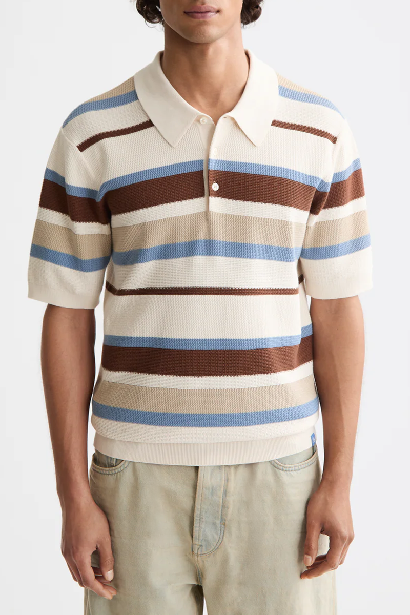 Men's Scotch & Soda Rib Knit Polo in Plaza Taupe Stripe