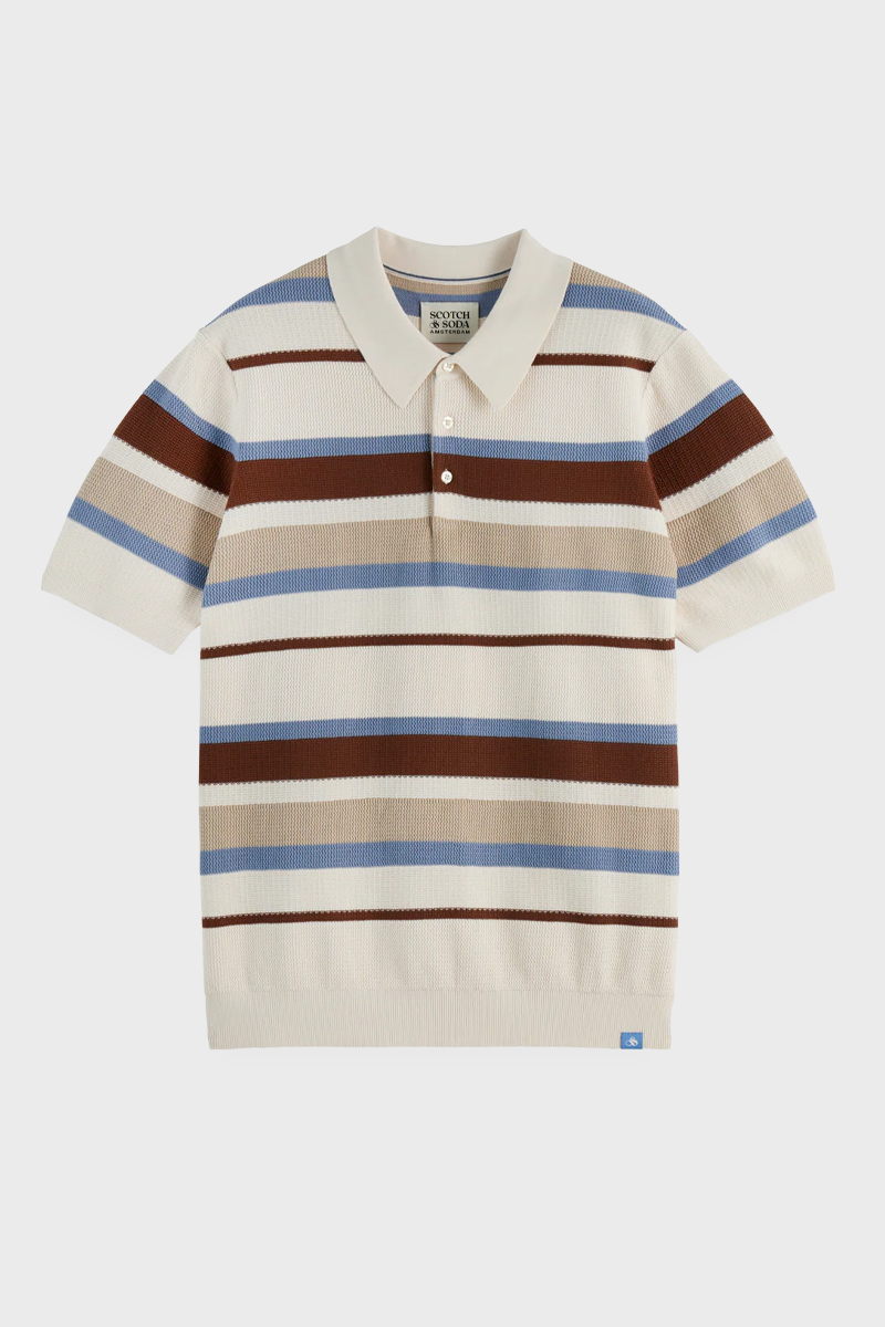 Men's Scotch & Soda Rib Knit Polo in Plaza Taupe Stripe