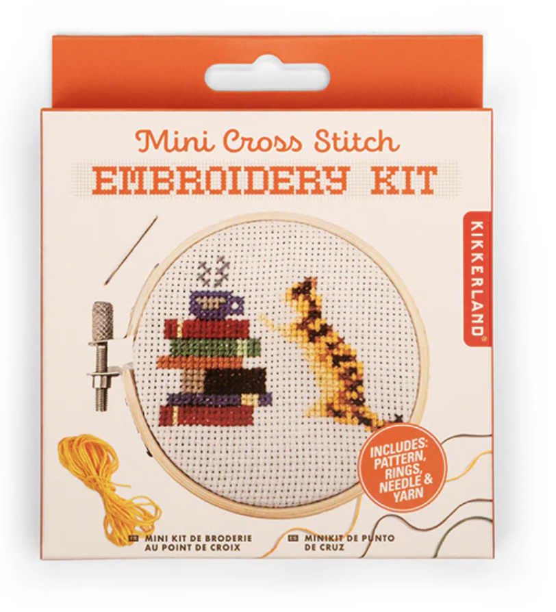 Kikkerland Mini Cross Stitch Cat With Books Embroidery Kit