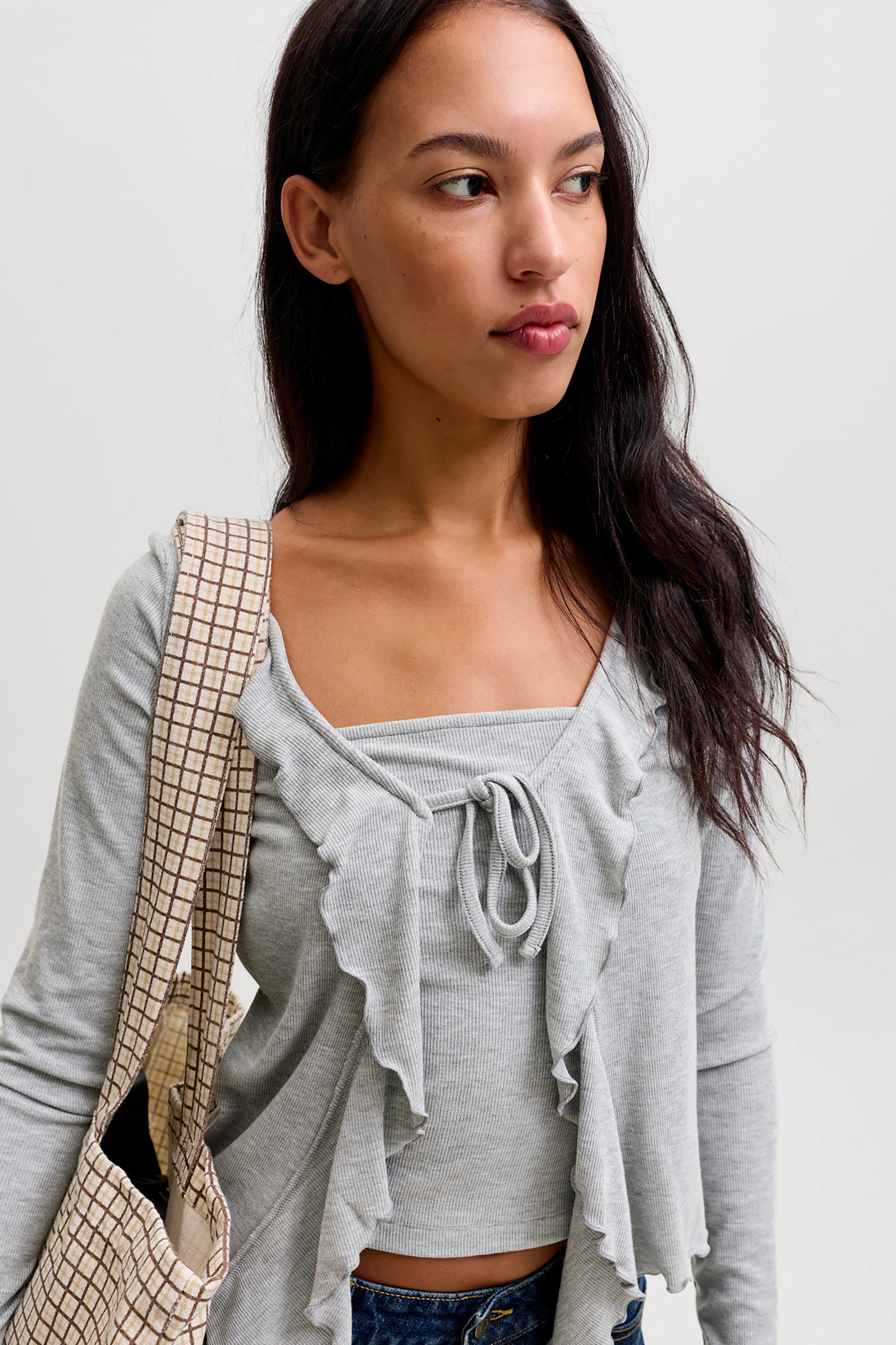 Uma L/S Bow Top in Light Grey Melange